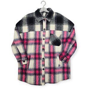 Zenana Pink & Black Plaid Flannel Shirt Size S Button Down Oversized